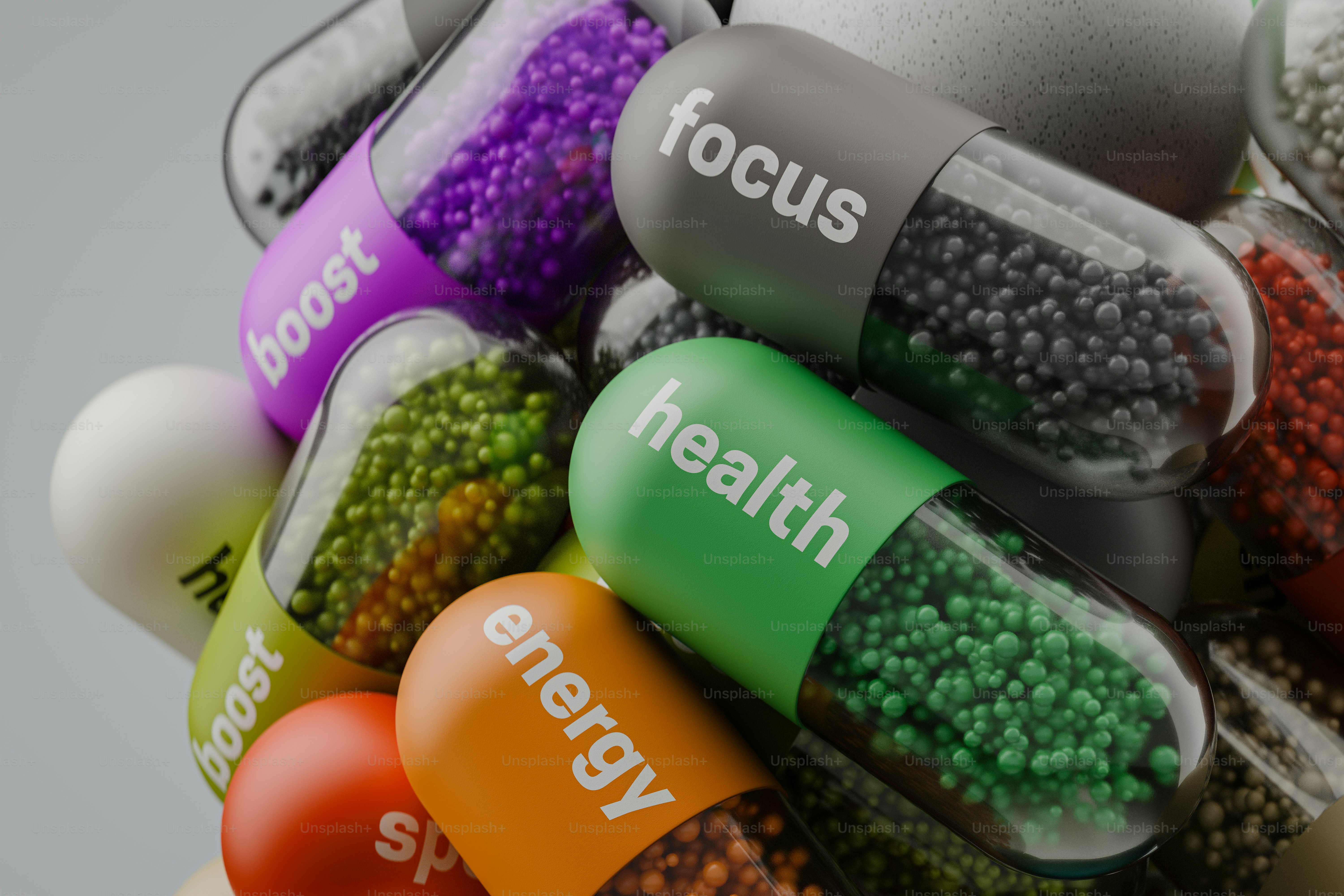 Creative composition of colorful supplement capsules. 3D render.